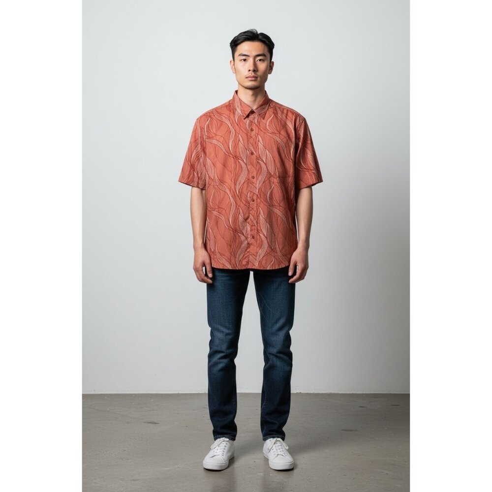 Alfani Mens Red Abstract Print Button-Up Short Sleeve Shirt M 100% Cotton